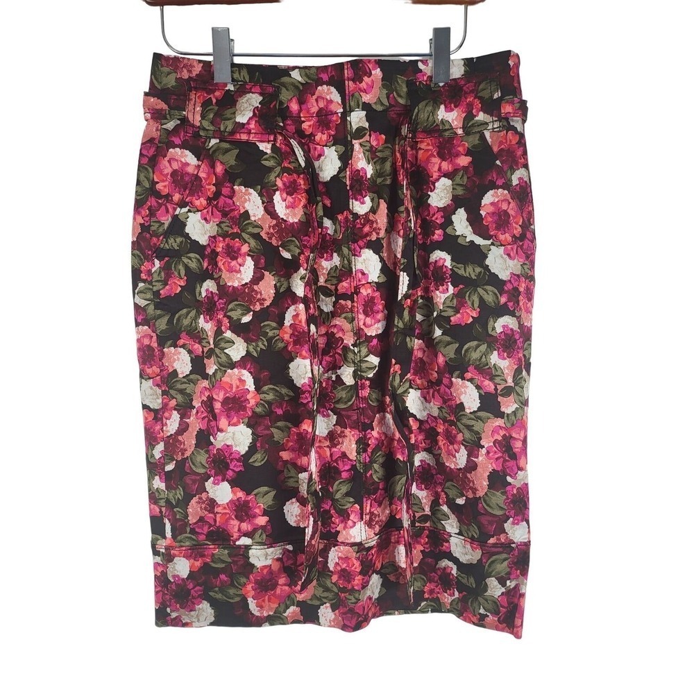 Banana Republic Pencil Skirt 2 Womens Black Pink Floral Print Tie Waist Pockets